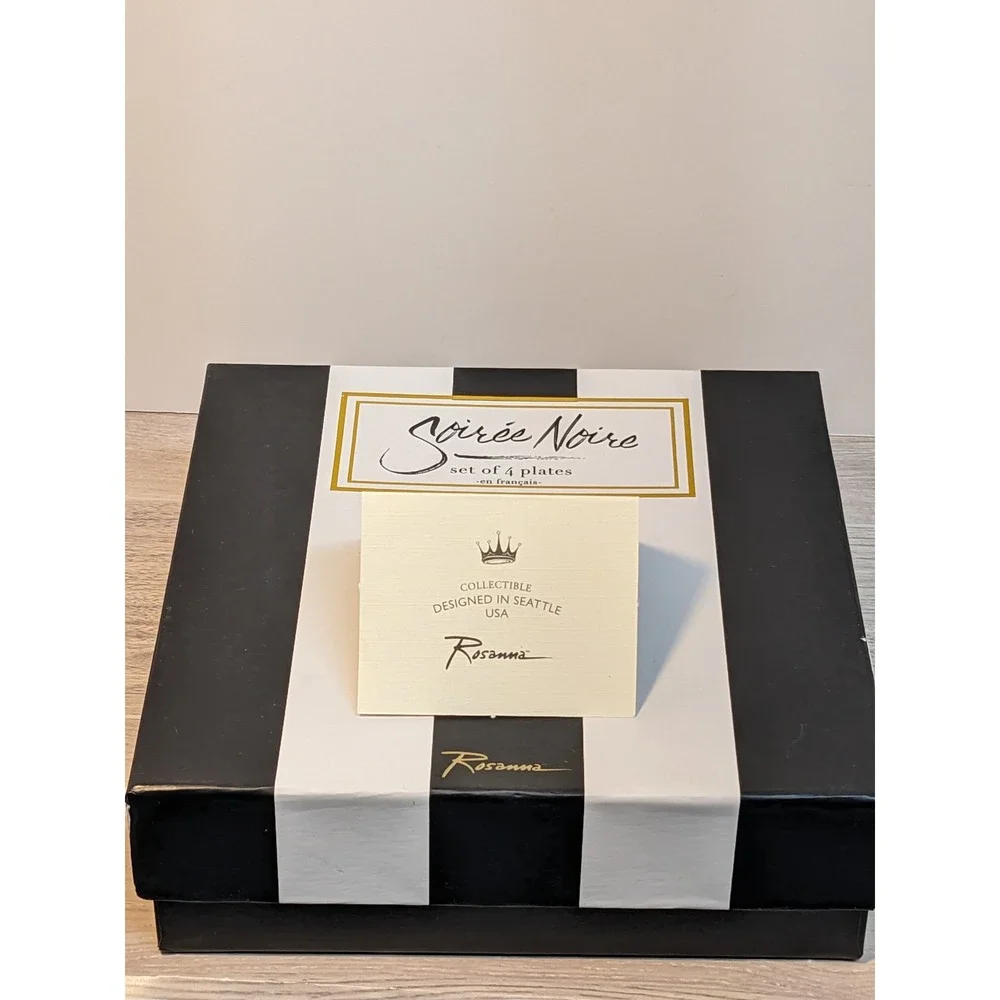 Rosanna Soirée Noire Set of‎ 4 Black Coupe Plates Gold French Phrases Gift Box